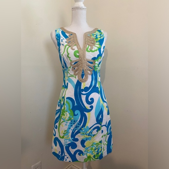 Lilly Pulitzer Janice Resort White Crystal Cost Shift Gold Dress Size 4 - Picture 2 of 11